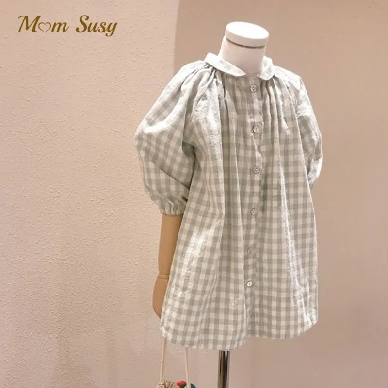  소녀 면화 격자 무늬 셔츠 드레스 긴 소매   어린이 빈티지 블라우스 여름 가을 봄 복장  옷 1-7Y