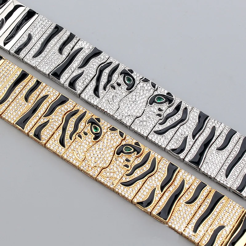 Europe America Fashion Style Wide Chain Bracelet Men Women Lady Plated Gold Settings Full Cubic Zircon Green Eyes Tiger Bangle 3