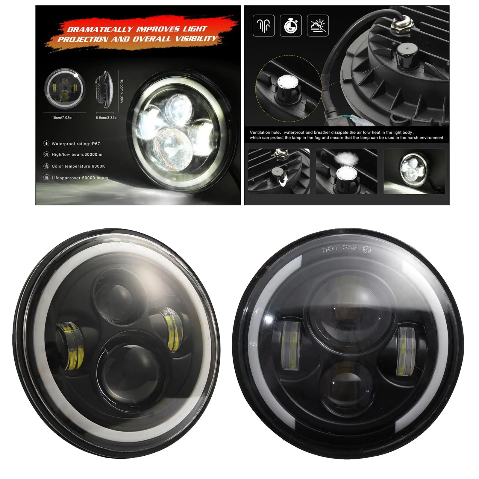 원형 LED 헤드라이트, JK 4 문짝 5 8 7 용 헤드라이트 빔, 7 인치, 200W