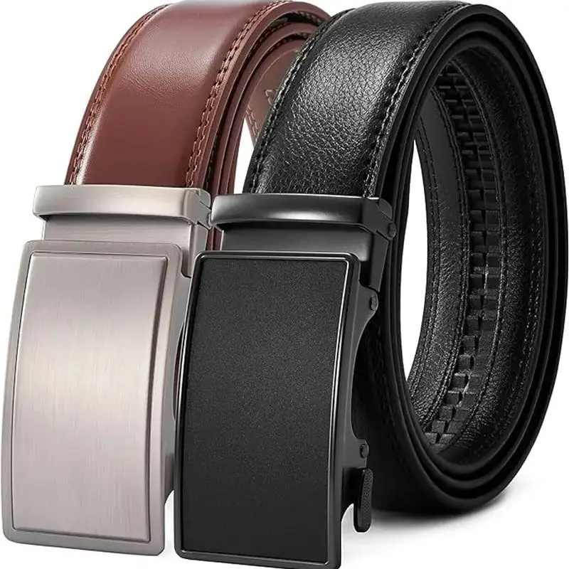 

PlusZis Black with Automatic Buckle Brown Automatic Buckle Two Pack Men's Leather Ratchet Fashion Business Dress Belt