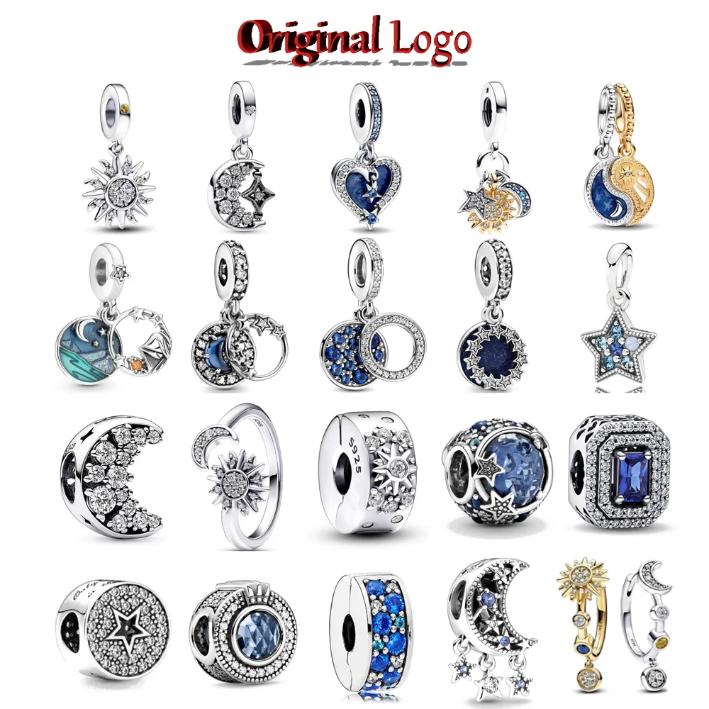 

Silver 925 Starry Blue Shine Sky Of Moon Stars Original Charm Bead Gift For Women Fit Original Pandora Bracelet Necklace Jewelry