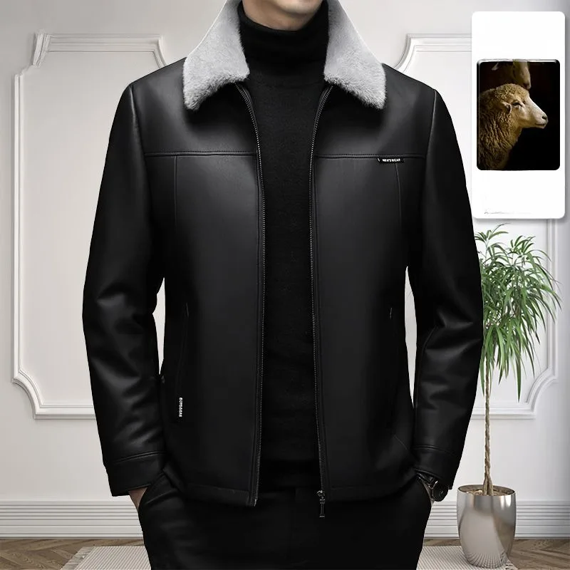 2023 Winter New Men Down Jacket Detachable Ferret Fur Collar Sheep Leather Jacket Fashion Large Size Lapel Plus Velvet Outwear