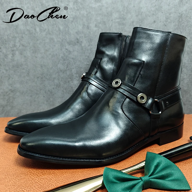 Luxury Men's Boots Zipper Mid-Calf Rock Boots Slip On Casual Dress Shoes Black Brown White Genuine Leather For Men