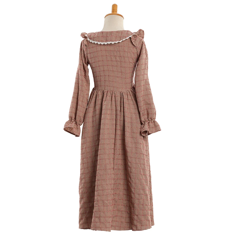 Girls Vintage Brown Green Yellow Plaid Cotton Casual Dress Children Daily Causal Lolita Dress Historical Costume for Little Girl