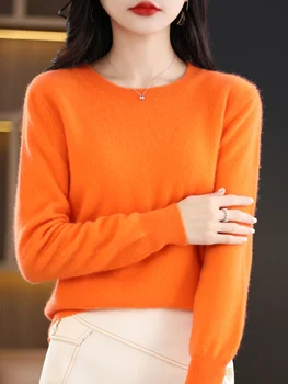 Women 100% Merino Wool Sweater O-Neck Long Sleeve Cashmere Knitwear Pullover Aliselect Fashion Autumn Winter Clothing Tops 1