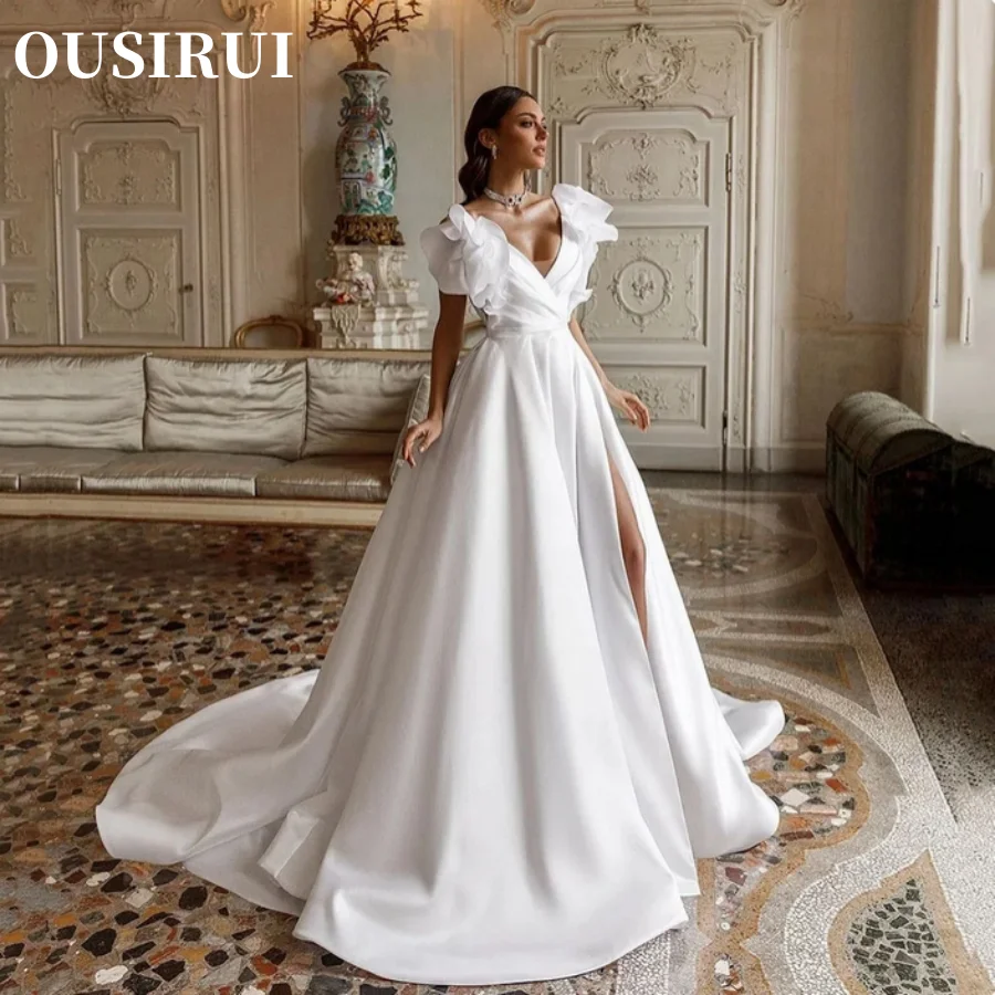 

OUSIRUI A Line Dress Flower Shoulder Side Slit V Neck Bride Robe De Mariee Wedding Church Satin Wedding Dresses For Women Gown