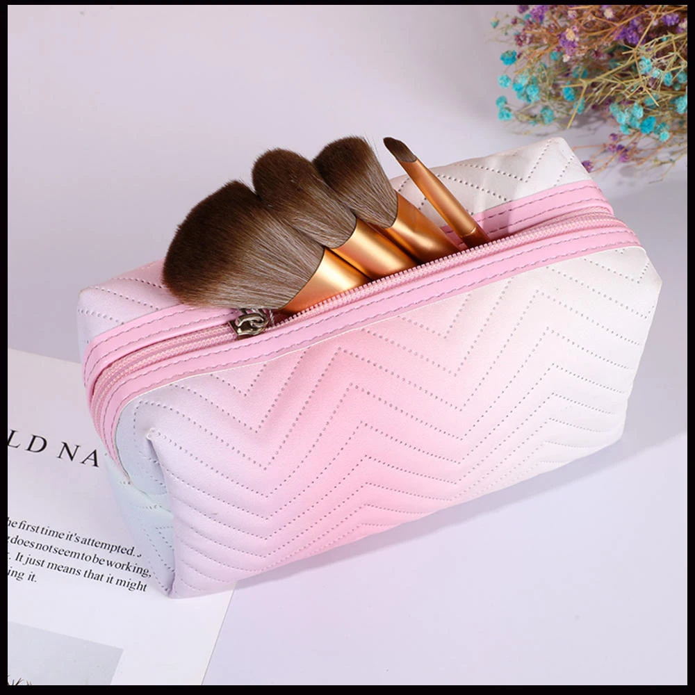 

New Girl Pu Leather Makeup Bag Gradient Color Striped Women Cosmetic Bag Toiletries Waterproof Female Storage Make Up Cases