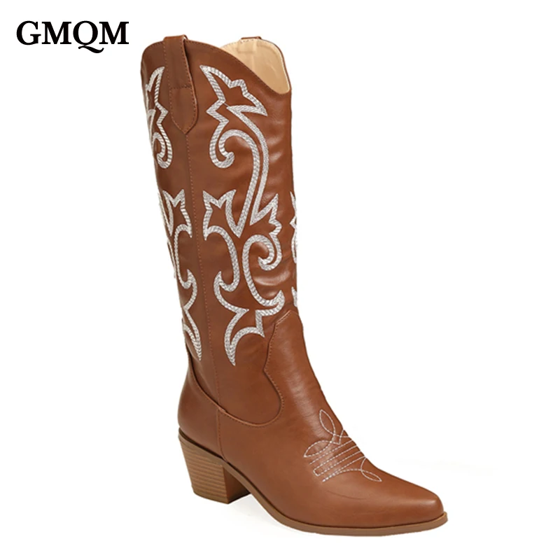 GMQM Women's White Knee High Boots Western 2022 Cowboy Boots Wide Calf Embroidered Pointed Toe