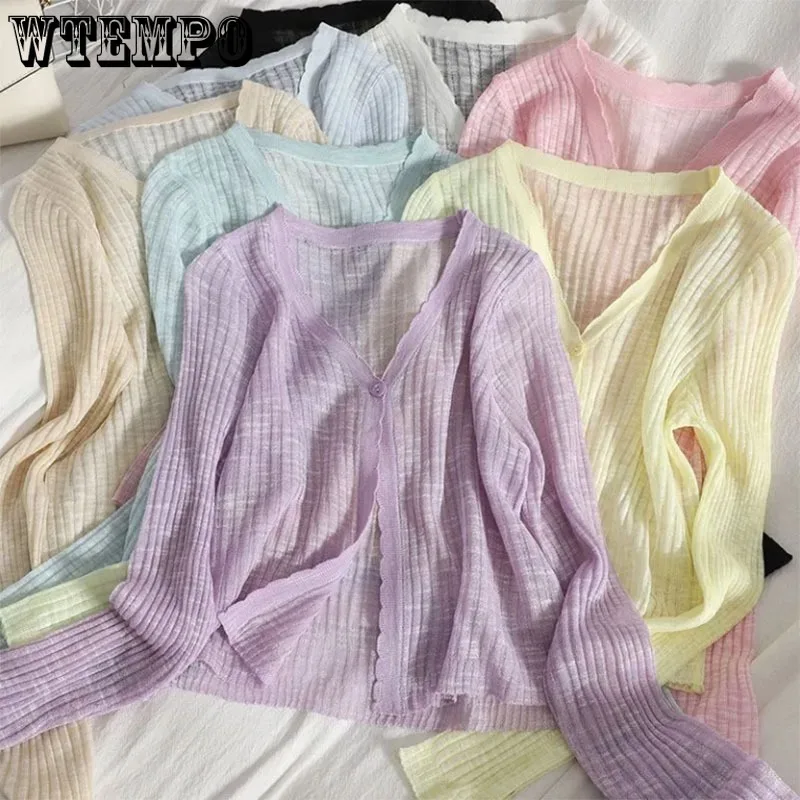 V넥 얇은 니트 가디건, 귀여운 여성 긴팔 코트, 싱글 버클 크롭탑, 한국 패션, 단색, 심플, 캐주얼 출퇴근