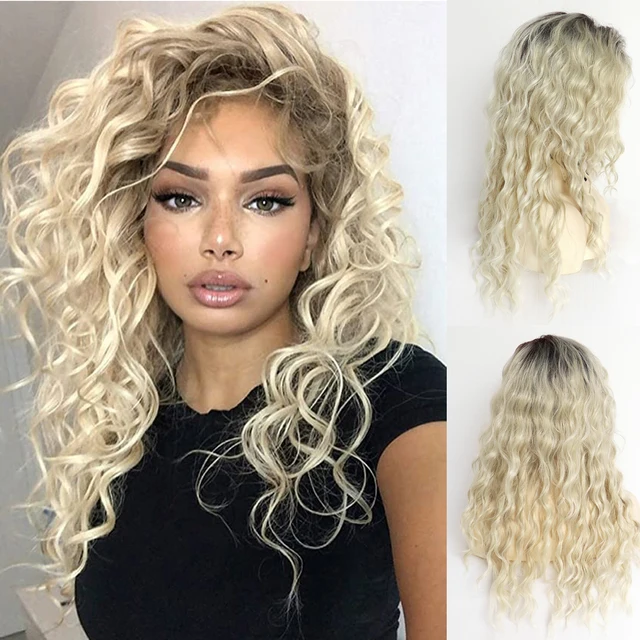GNIMEGIL Synthetic Long Curly Wigs for Women Ombre Blonde Wig with Bangs Costume Wig for Girls Sexy Blond Wigs with Dark Roots Ombre Light Ombre
