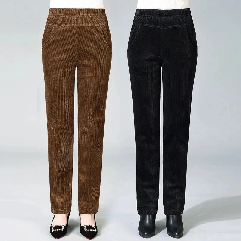 Spring Fall Elastic High Waist Straight Trousers Women New Classic Black Pantalones De Mujer Mother Casual Brown Corduroy Pants