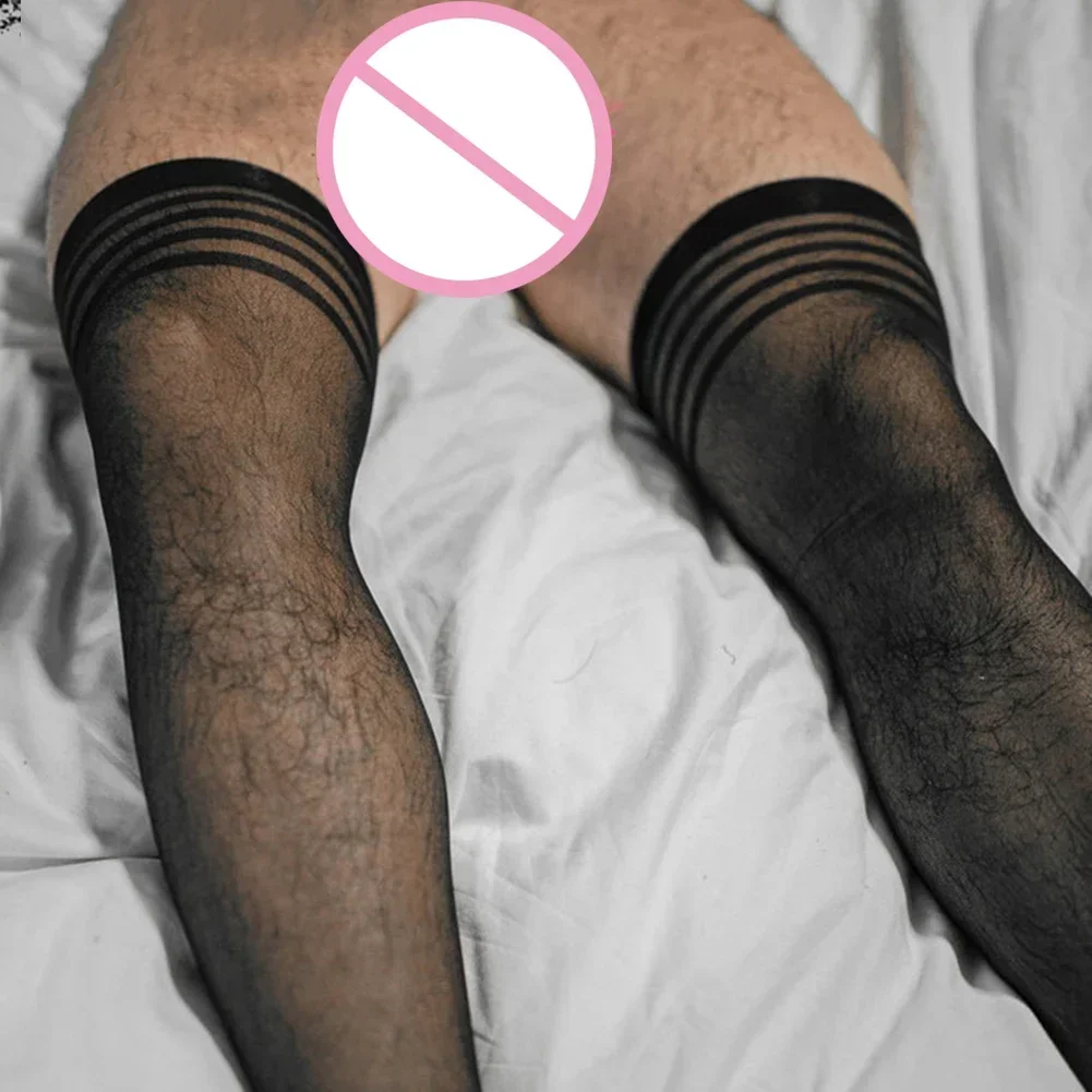 Men Leotard Socks Sexy Breath Mesh Slimming Nightclub See Through Stockings Transparent High Socks Exotic Lingerie Man