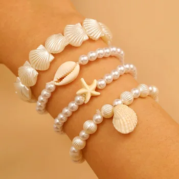 4-piece Set Bohemian Pearl Bead Charms Bracelet Elastic Ocean Style Shell Starfish Bracelets For Women 2025 Trending New Jewelry