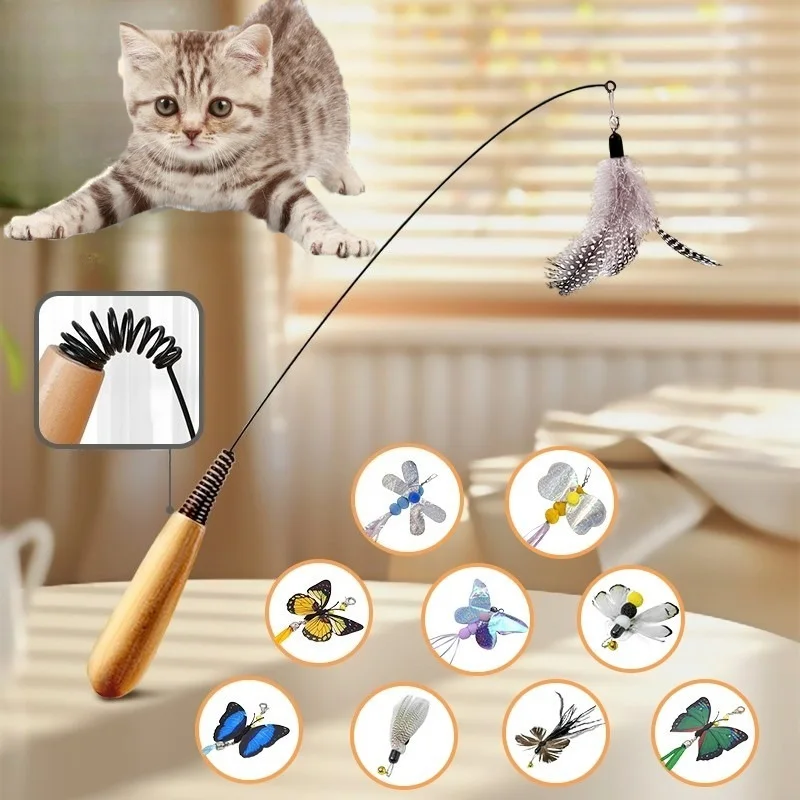 Spring Teasing Cat Stick Wooden Handle Cat Teaser Stick Toy Feather Funny Simulation Fishing Rod Bell Squeaky Toy