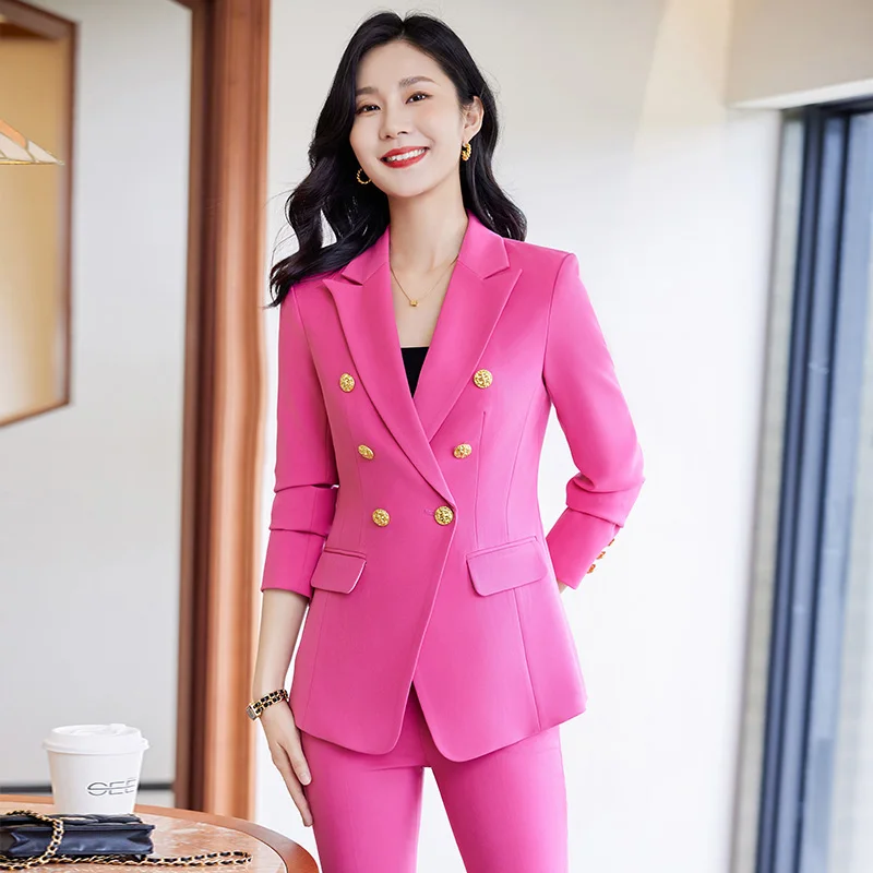 

Korean High Quality Newest Women's Fashion Solid Colour Long Sleeve Jacket Two Piece Office Ladies Trouser Suit