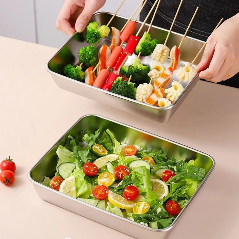1Pc Stainless Steel Square Plate Preservation Box with Lid Kitchen Steam Fish BBQ Grill Pan Cold Dish Fruit Plate Serving Tray