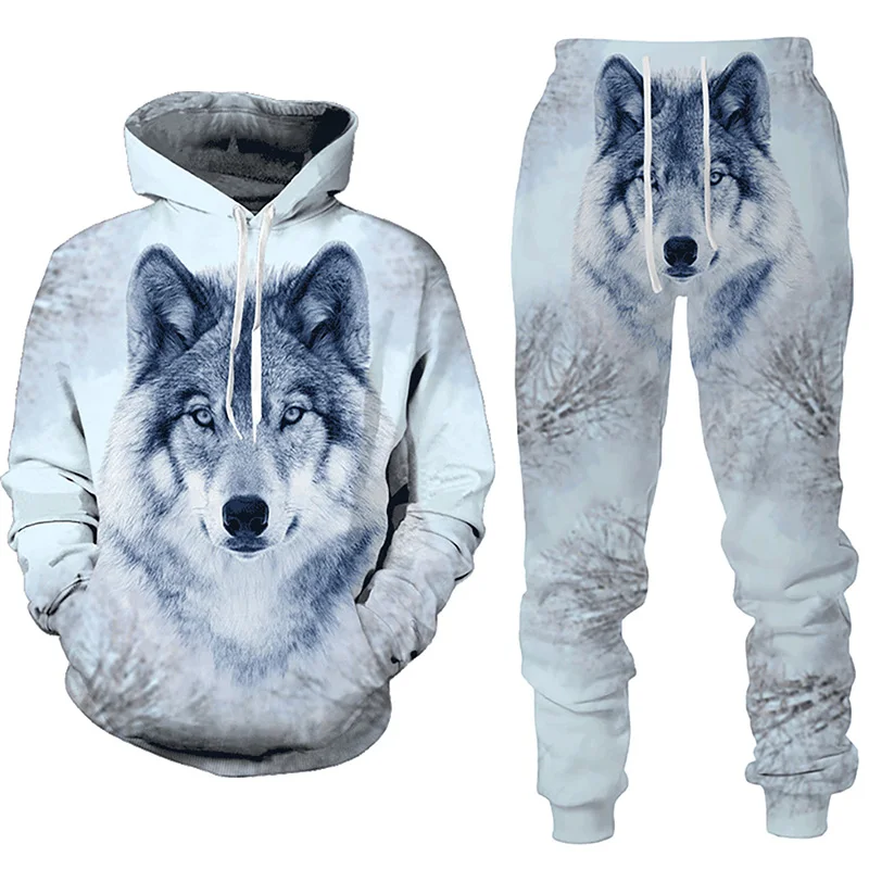 Forest Wolf 3d Print Men's Fashion Hoodie 2021 Spring Autumn Loose Casual Sportswear Men's Top + Pants Two Piece Sportswear