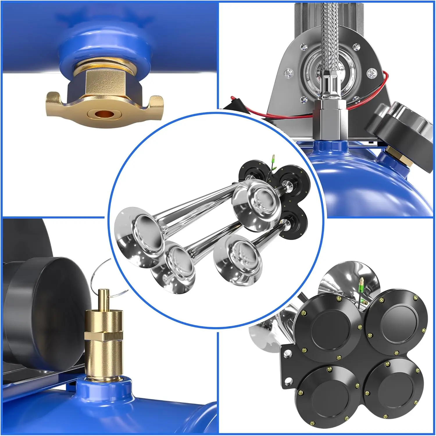 4 Trumpet Loud Train Horns Kit for 150 PSI 12V Air Compressor 1.59 Gallon for Trucks, Cars, Van Boats