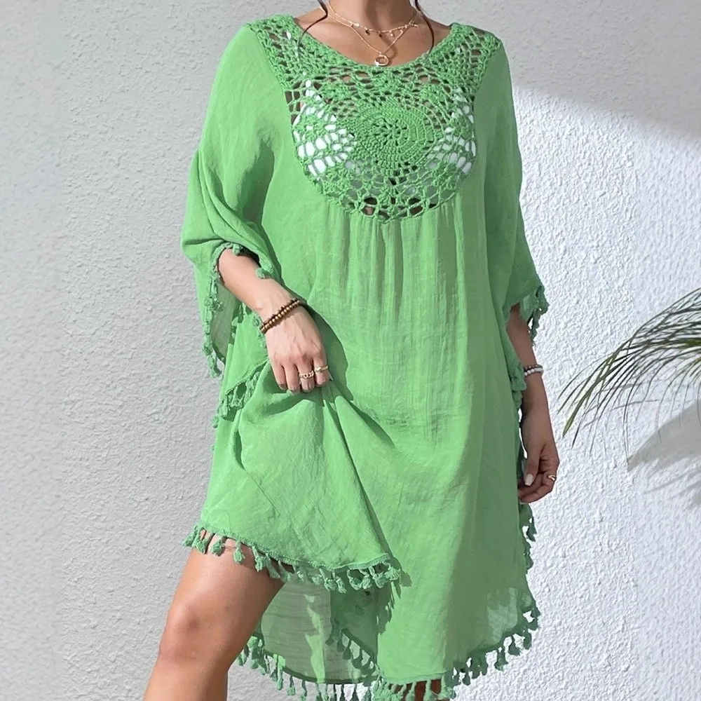 Fashion Square Neck Summer Sunscreen Smock Loose Hollow Out Swimsuit Cover Up Dress Casual Vacation Bikini Cover-Ups for Women 6