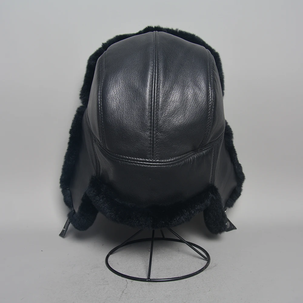 New Unisex Real Rex Rabbit Fur Bomber Hat Ushanka Cap Trapper Russian Men Women Ski Hats Caps Real Sheepskin Leather Winter Warm 3