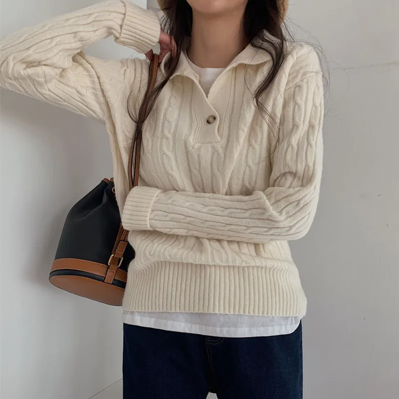 Autumn and Winter Fashion New Women's Polo Button Women's Long Sleeve Sweater Casual Elegance Women's Office Top Knitwear