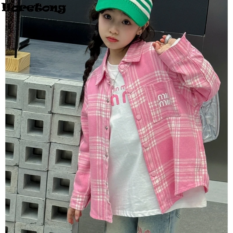 Horetong 여아용 체크 무늬 소프트 코튼 셔츠, 긴팔 탑 코트, 트렌디 아동복, 한국 패션, 2024 용수철 가을 핑크
