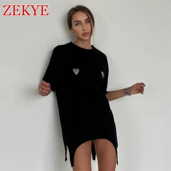 Zekye 블랙 스트릿웨어 라인스톤 롱 티셔츠, 여성 라인스톤 90S 미적인 원 사이즈 컷 아웃, 여름 캐주얼 탑, 시크한 한국 스타일