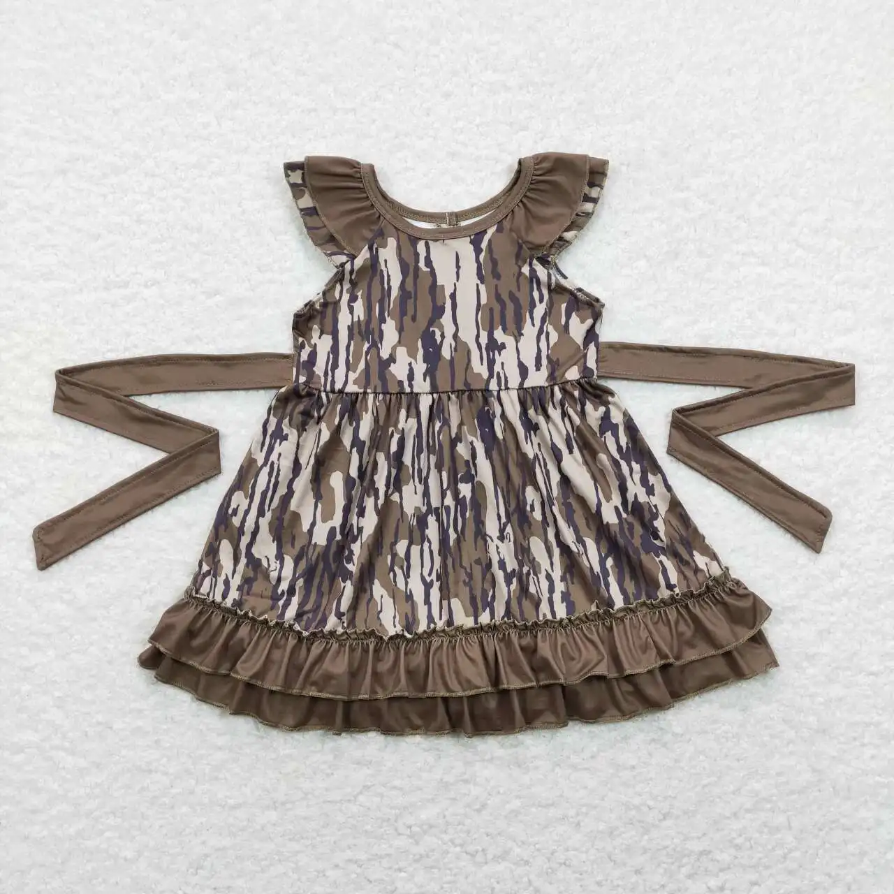 

Wholesale hot sale western boutique children's clothing for baby girls clothes Army green camo lace belted flying sleeve dress