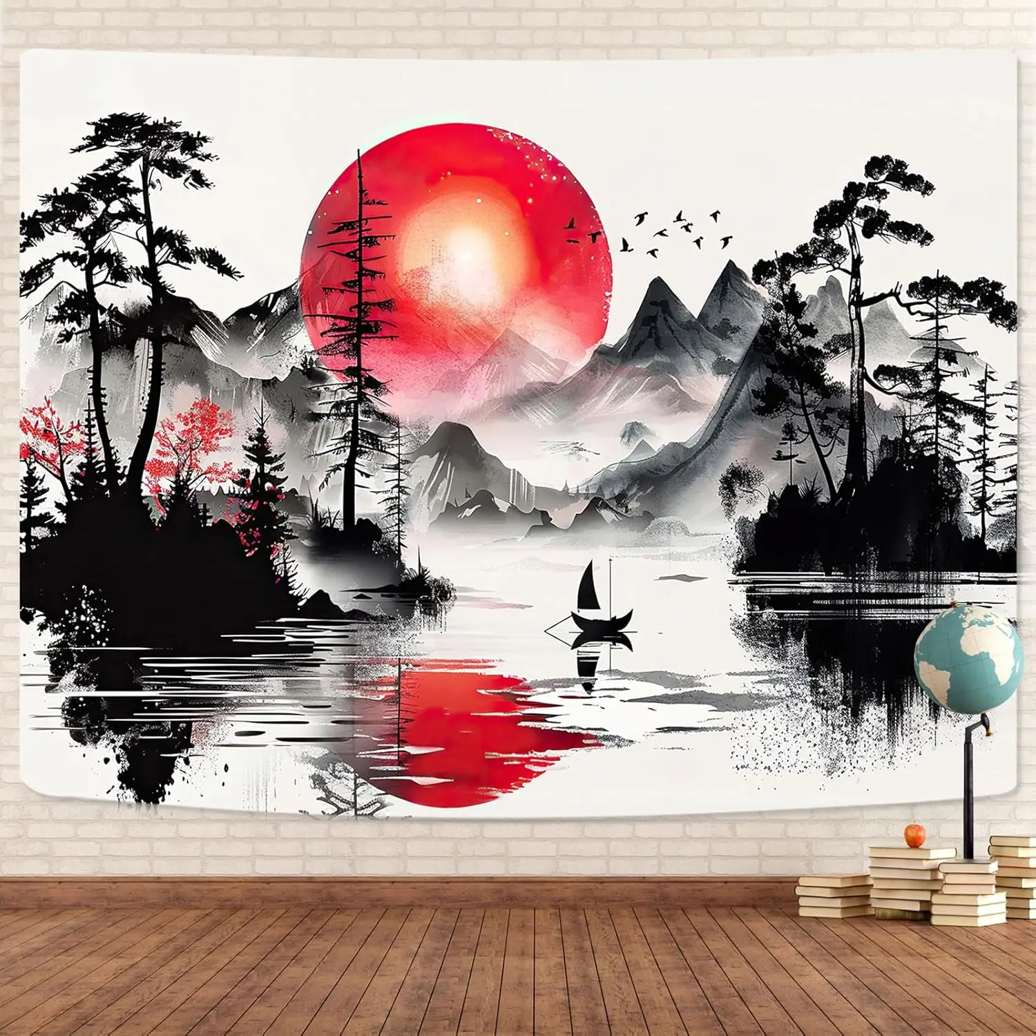 Red Black Forest Tapestry Anime Mountain Tree Sun Beautiful Tapestry Wall Hanging Living Room University Dormitory Decoration