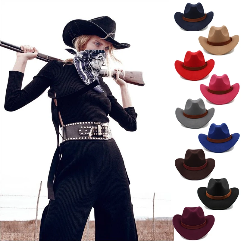 

3 Sizes Parent-child Men Women Kids Children Woolen Western Cowboy Hat Wide Brim Sunhat Party Travel Outdoor Cap Classical Retro