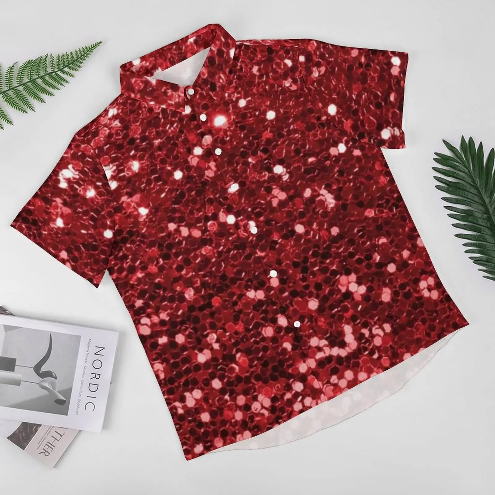 Red Sequins Casual Shirt Man Sparkly Bling Print Summer Shirt Harajuku Blouses Short Sleeve Oversized 2