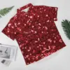 Red Sequins Casual Shirt Man Sparkly Bling Print Summer Shirt Harajuku Blouses Short Sleeve Oversized 2