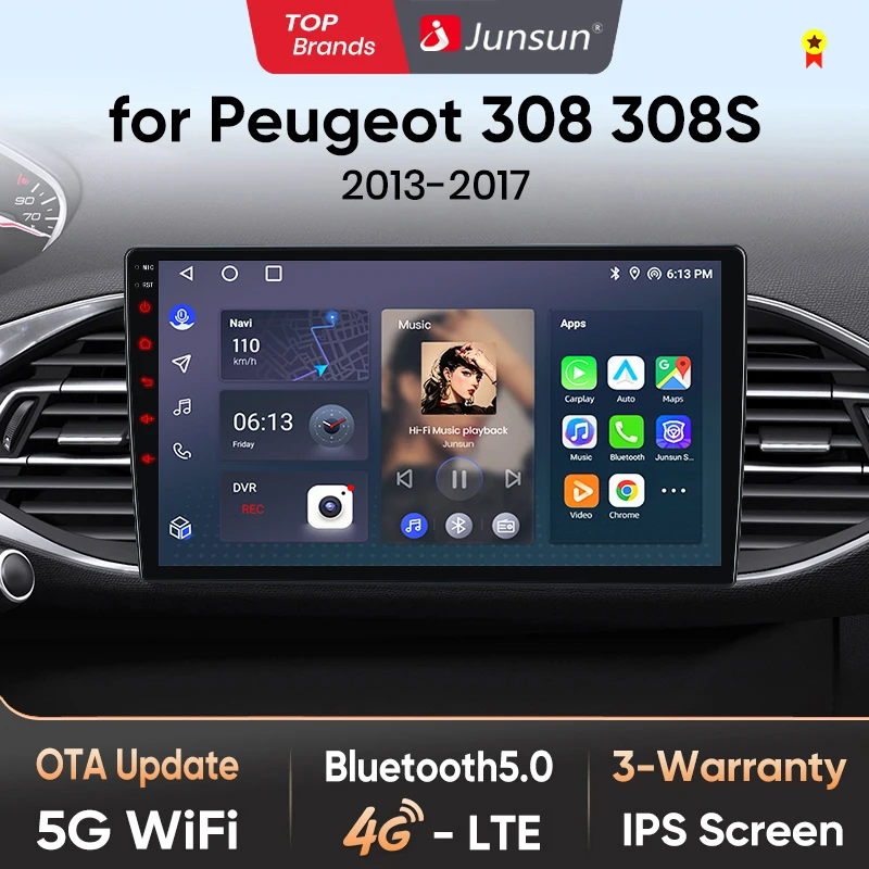 Radio de coche Junsun AI 4G LTE inalámbrico con CarPlay y Android Auto para Peugeot 308 T9 308S 2013 2014 2015 2016 2017 GPS Navi BT DSP RDS FM 1