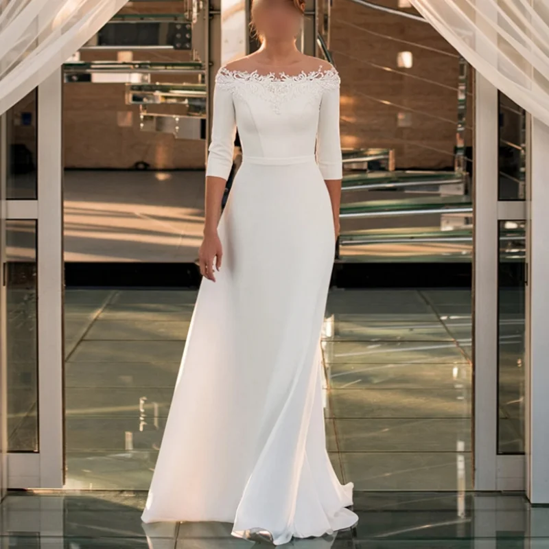 

Elegant White Bridal Gowns Women Round Neck Short Sleeve Applique Long Wedding Dresses Customized 2024