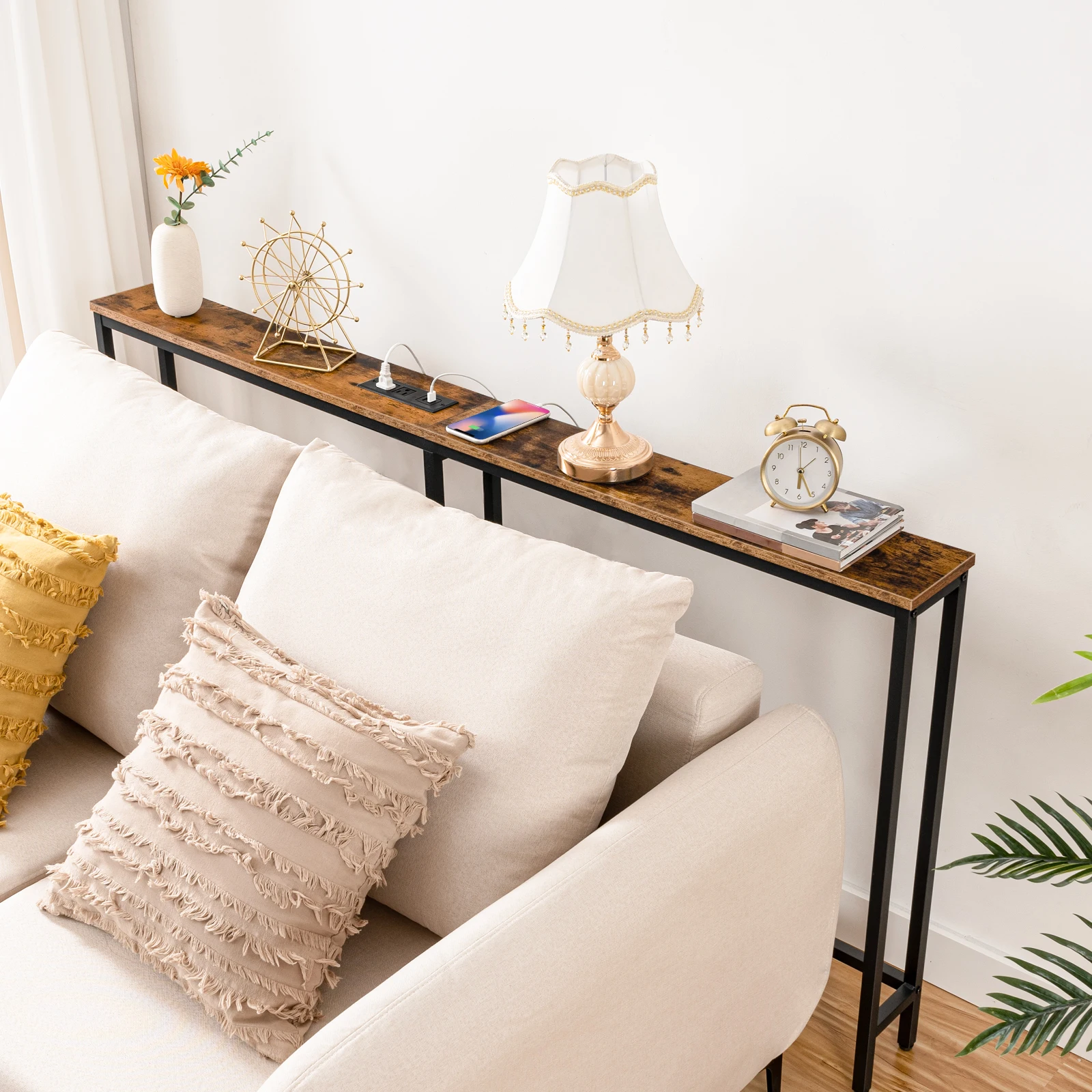 5.9" Skinny Console Table with Charging Station 63" Narrow Console Table with Power Outlets Long and Thin Sofa Slim