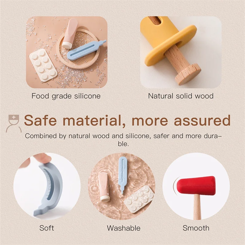 Baby Simulation Doctor Toy Wooden 3D Medical Box Montessori Stethoscope Thermometer Play House Toy Educational Toy Children Gift 3