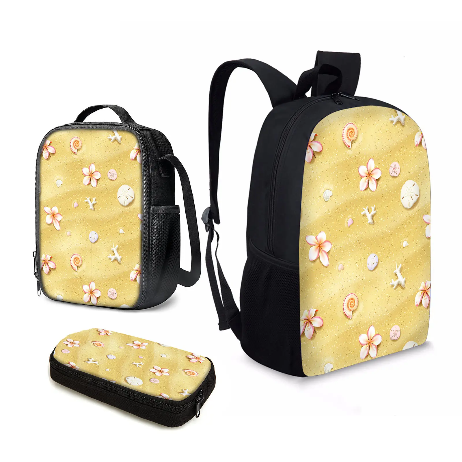 

YIKELUO Summer Seaside Beach Shell/starfish/conch Print 3pcs Student Back To School Gift Yellow Shoulder Bag Backpack Lunch Bag