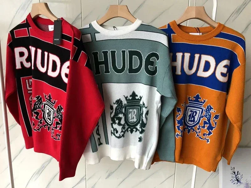 

New Rhude Knitted Sweater Men Women Oversized Colour Matching Jacquard Logo Sweatshirts Skateboard