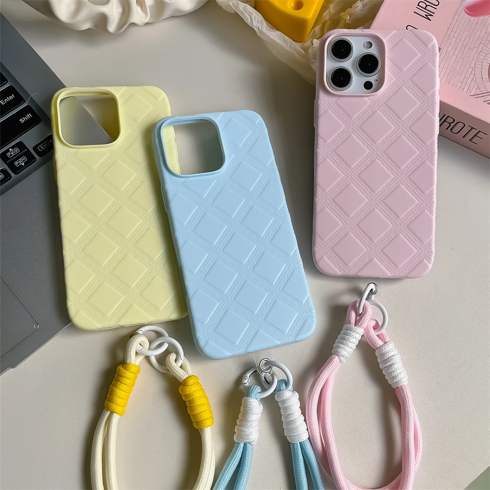 Funda de cuero de lujo con textura a prueba de golpes y cordón para iPhone 16, 15, 14, 13, 12 Pro Max, protección para cámara, parachoques trasero_voghion.com