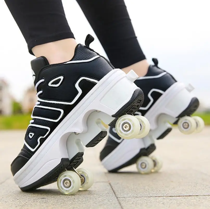 Roller Skates Women Shoes with Wheels Roller Sneakers Double-Row 4-Wheel Skates Dual-Use Roller Skates Skateboard Shoes Sport