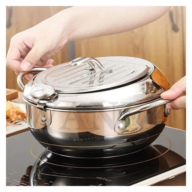 Household 220v 304 Stainless Steel Tempura Fryer Temperature Control Fried Chicken Fried Pan Cooking Tool Gas Electric Stove Uni 1