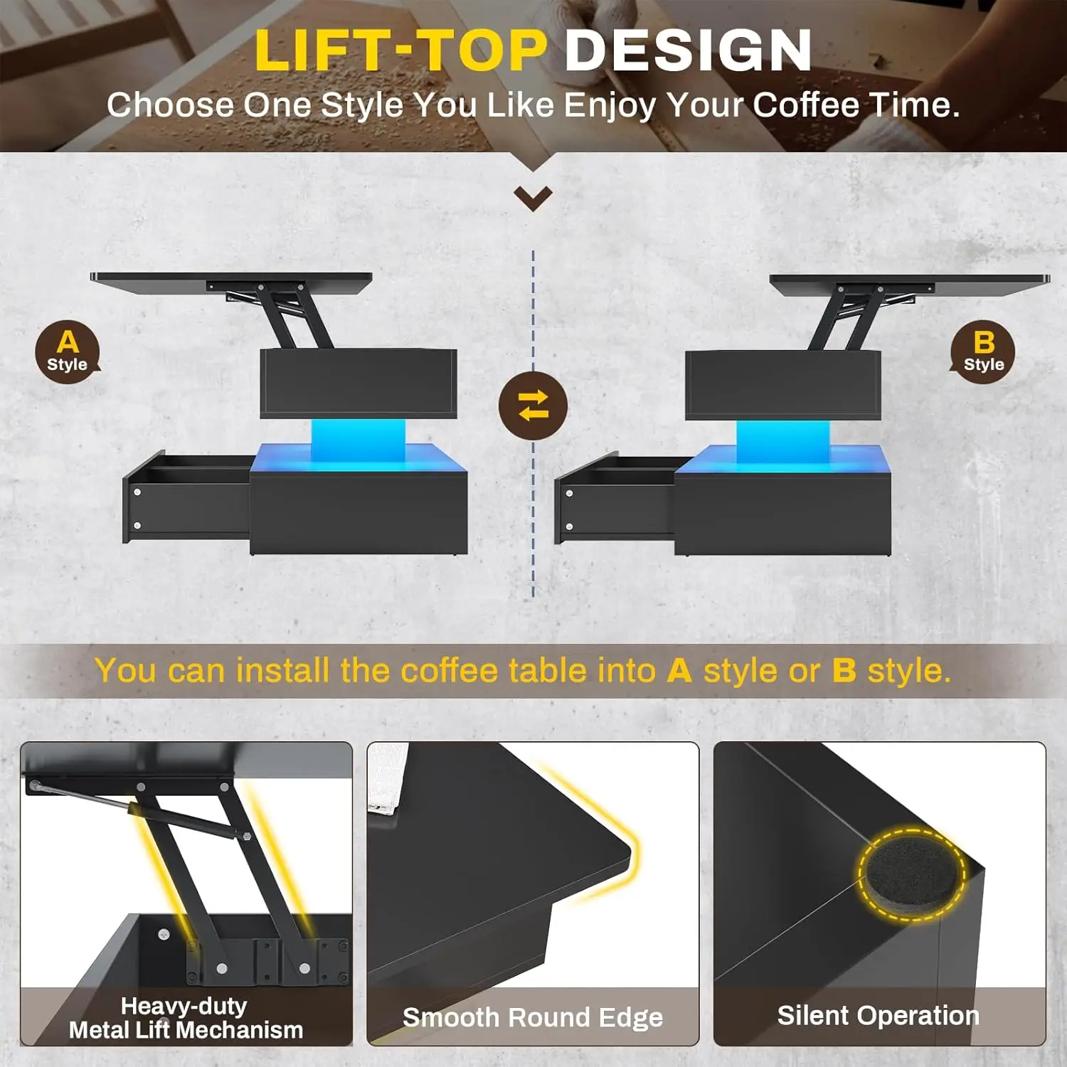 40" Lift Top Coffee Table, Coffee Tables with Storage for Living Room, Small Coffee Table with 2 Drawers & LED, Customized
