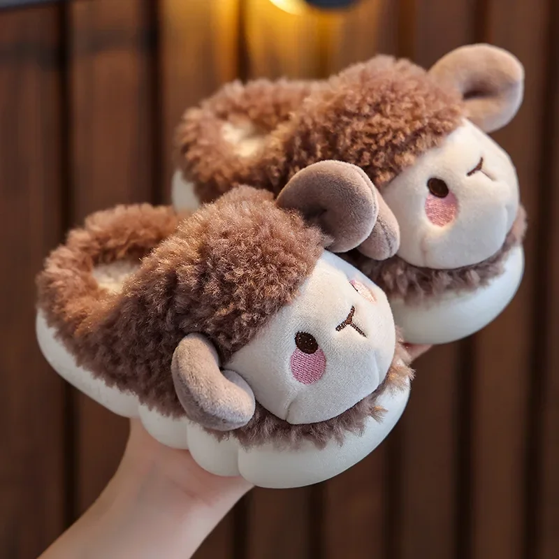 Cute Goat Graphic Home Slipper for Boy Girls Winter Warm Plush Kids Slippers 3-10Y Children's Soft Sole Girls Shoes 6