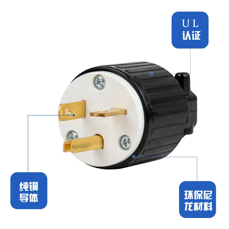 USA 3-Prong Male AC Plug UL Nema 5-20P 3 Pole Straight T- Blade DIY Rewirable AC Plug 20A 125V USA 3Pin Connector