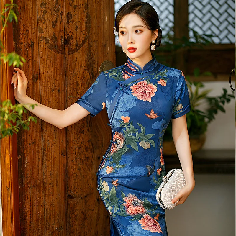 

Long High Slit Cheongsam Self-cultivation Improved Chinese Style Peony Flower Evening Dress 2023 Spring New Traditional Qipao