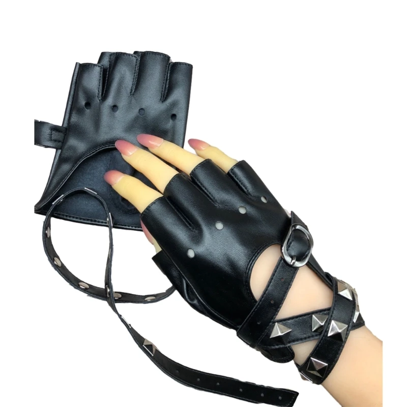 

Y2K Cool Girls Motorcycle Riding Gloves Punk Style PU Half Finger Mittens Women Men Rivet Studded Gloves for Stage Performance