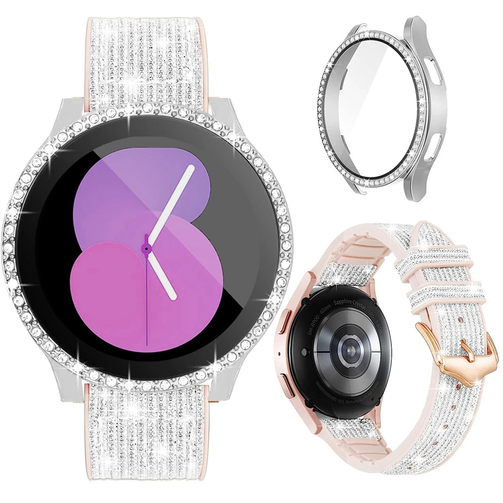 Stylish Bling Silicone Watch Band with Tempered Glass Protector Case (2-Pack)