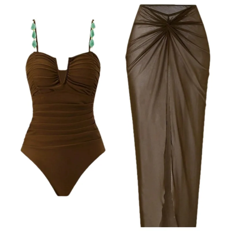 2026 New Fashion One-Piece Swimsuit Slimming Cover-Up Women's Swimming Costume Beach Dress Set High Elasticity No Sleeve - 6