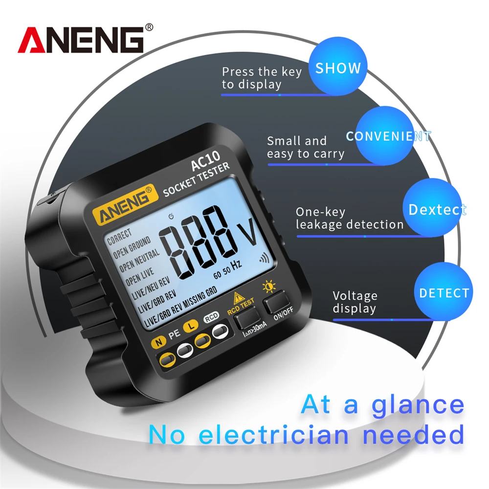 Socket Tester ANENG AC10 Socket Tester Plug Detector Zero Line Plug Polarity Phase Check Phase Detector US/EU Multimeter Digital Tester
