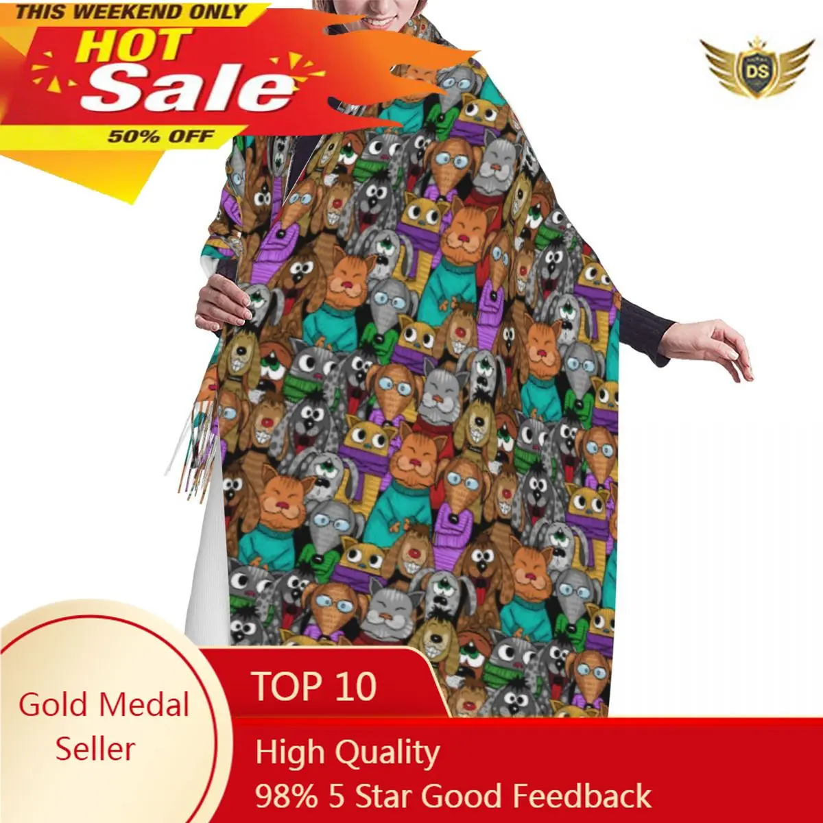 Comic Cartoon Cats And Dogs Scarf Winter Long Large Tassel Scarves Soft Wrap Pashmina